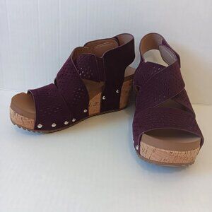 Corkys Women's Wine Purple Guilty Pleasure Faux Suede Wedge Sandal Size 7